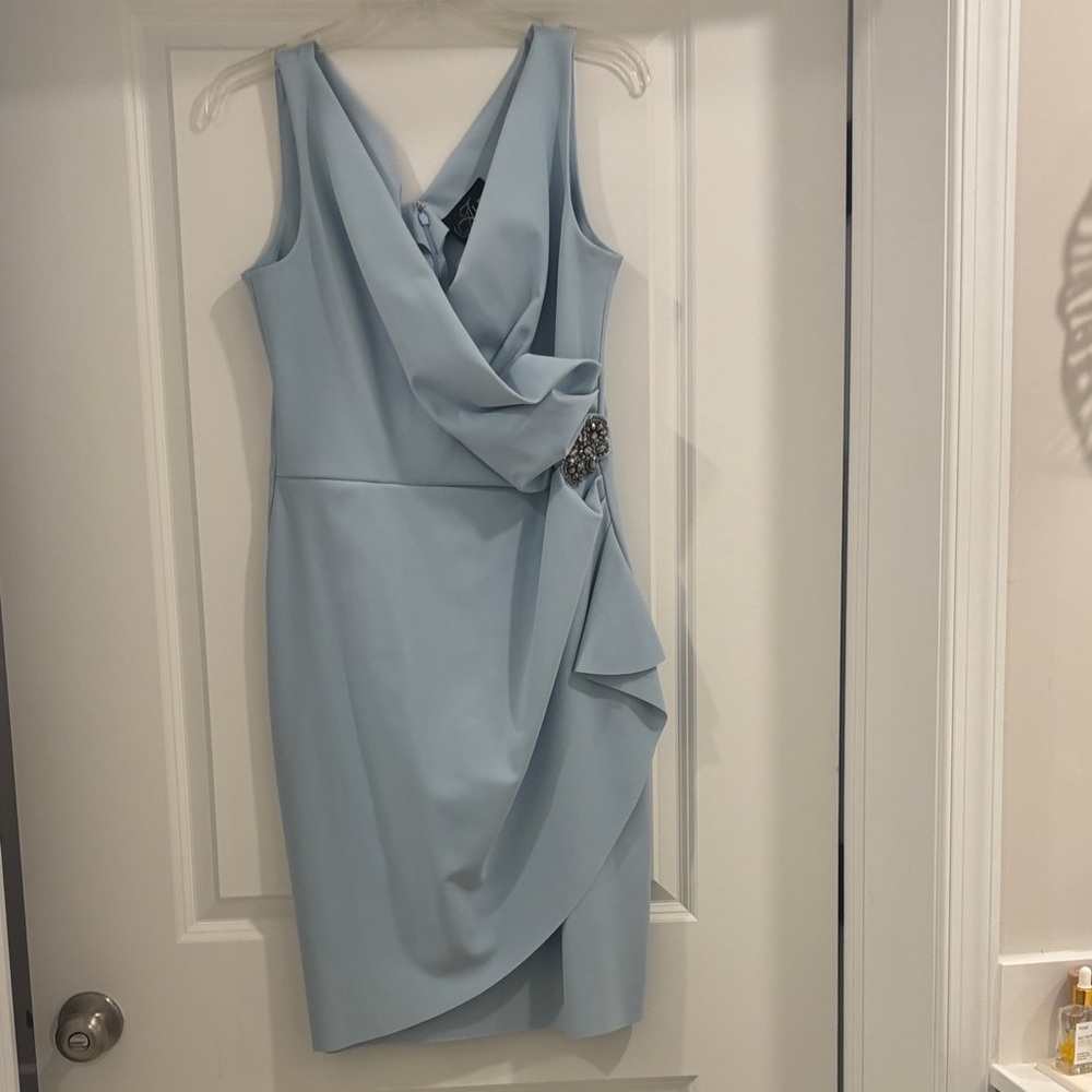 Alex Evenings Light Blue Draped Midi Dress with Side Embellishment